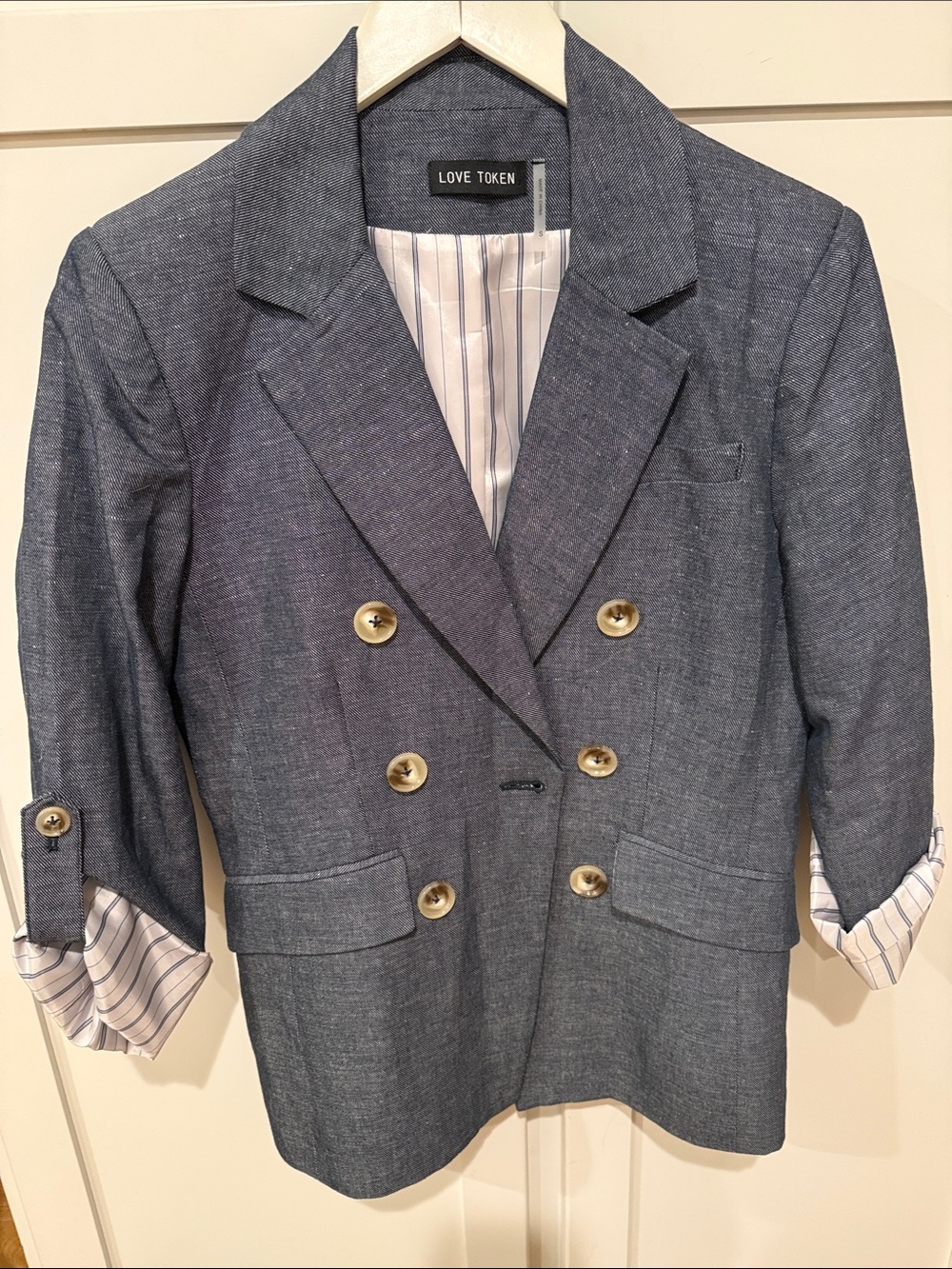 Love Token Navy Chambray Double-Breasted Blazer with Gold Buttons Never Worn